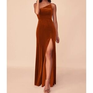 Azazie Kala Velvet One Shoulder Maxi Dress Womens Size A12 Burnt Orange Formal